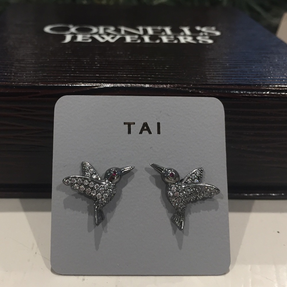 Tai Oxidized Silver & Pave Hummingbird Earrings